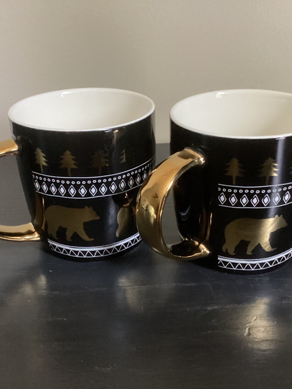 Set of 2 Black, Gold, and White Christmas Theme Coffee Mugs 8-10oz
